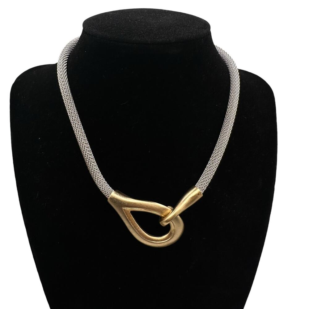 Erica Zap Necklace Silver Tone Mesh Gold Tone Teardrop Hook Closure Choker 15 in